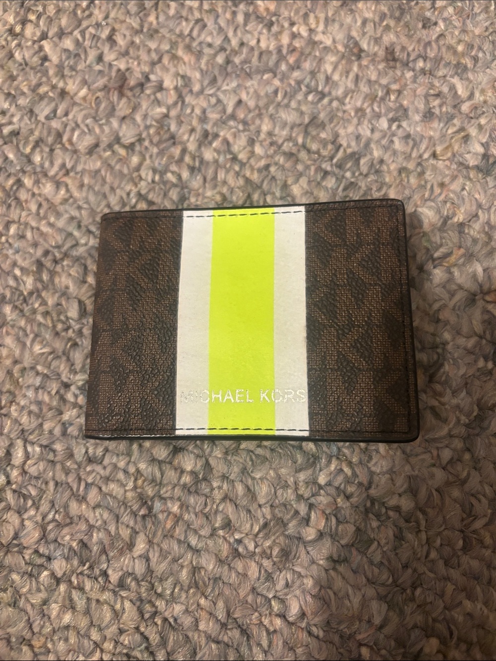 Michael Kors Brown Card Holder with Neon Yellow and White Stripe